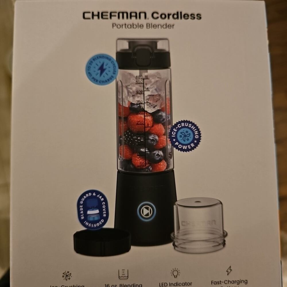 CHEFMAN Cordless Portable Blender Ice Crushing Power, 16 oz. Jar, LED Lights NIB
